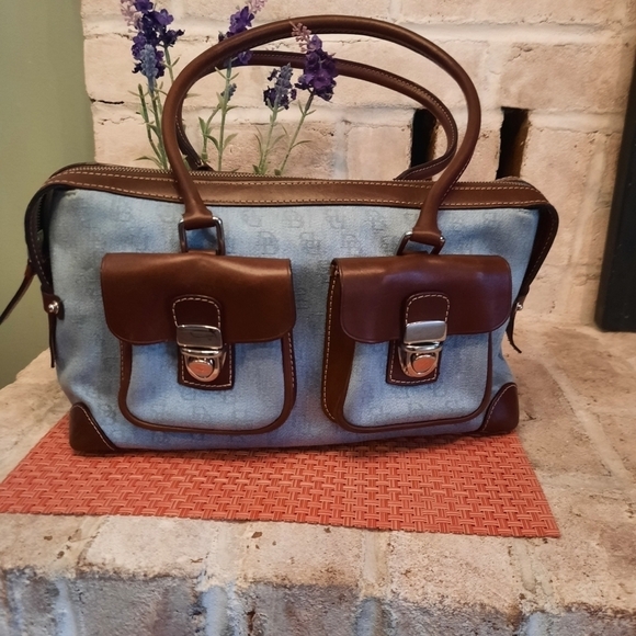 Dooney‎ & Bourke Denim Handbag with Chocolate Brown Leather Large Purse - Picture 1 of 14